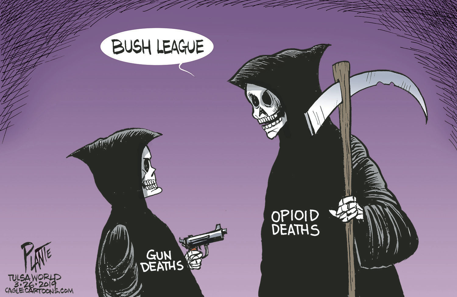 Bruce Plante Cartoon: Guns vs. Opioids